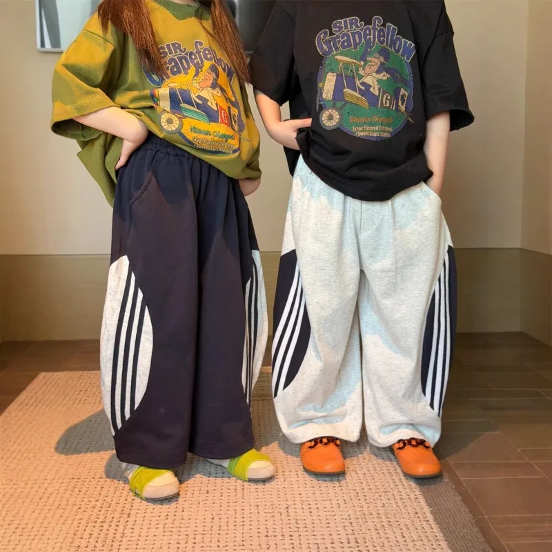 【KID】バイカラーサイドラインスウェットカジュアルロングパンツ