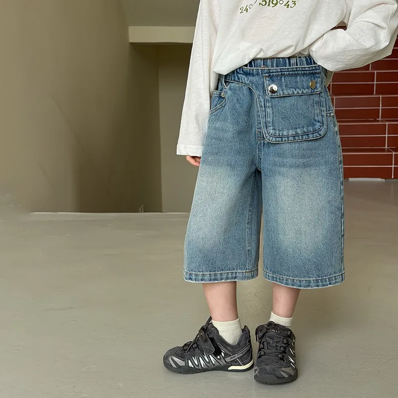 ヴィンテージ風ベルト付ウォッシュデニムハーフパンツ