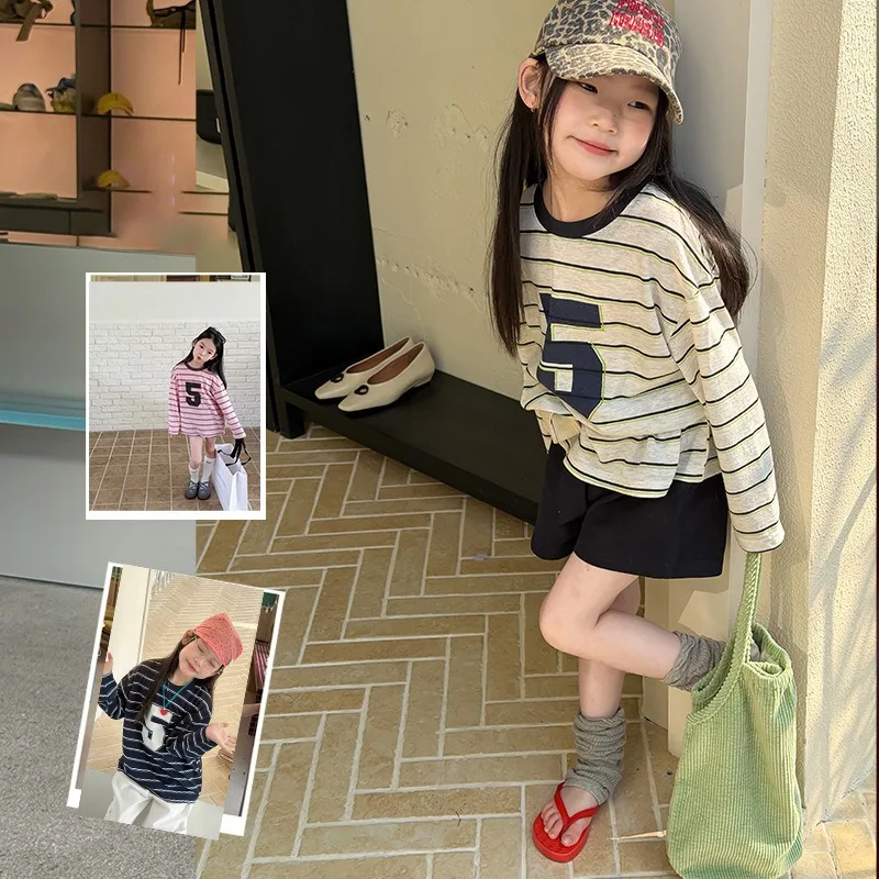 【KID】ナンバー5ロゴ入りストライプ長袖Tシャツ