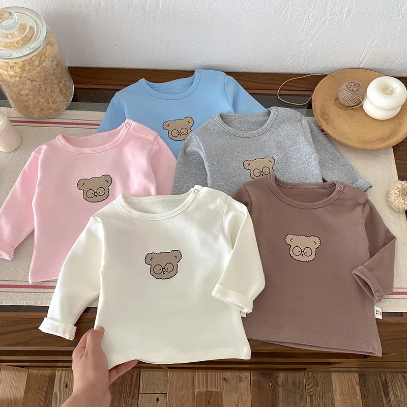 メガネくまイラストプリント長袖Tシャツ