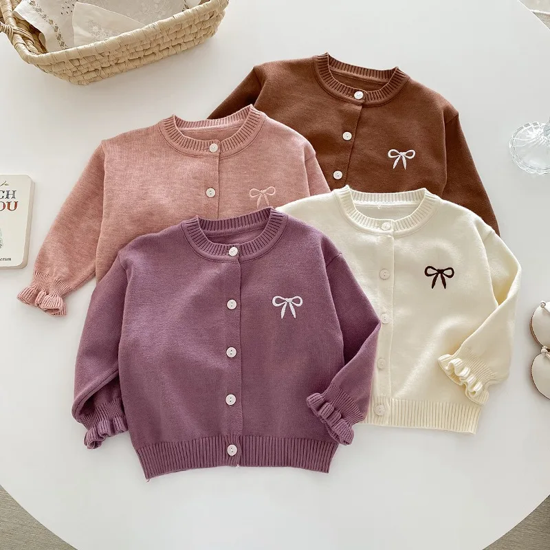 【BABY】リボン刺繍袖フリルニットカーディガン