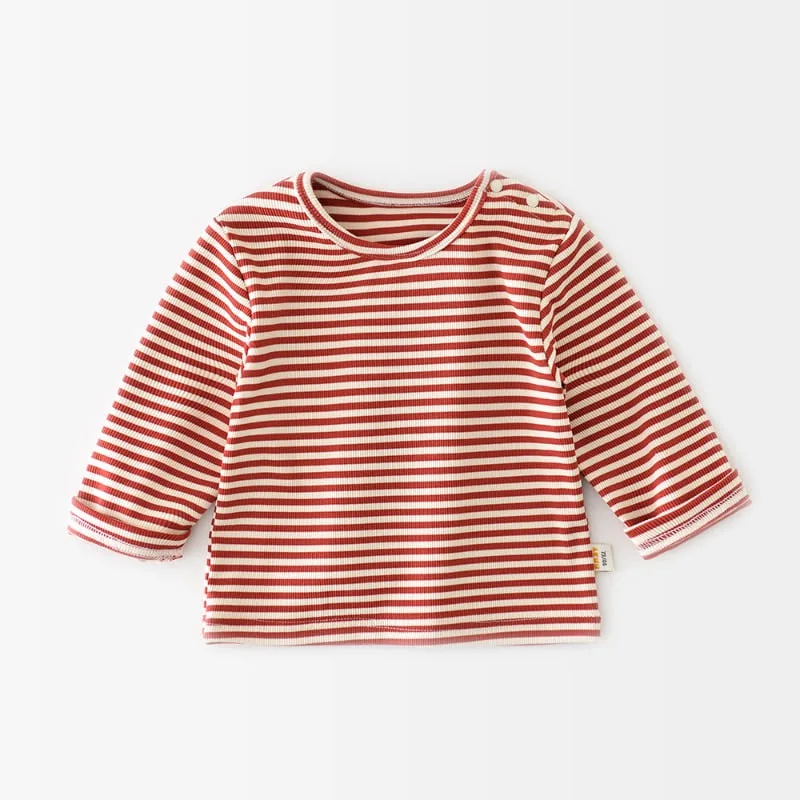 レッドストライプ長袖ラウンドネックTシャツ