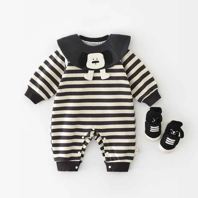 【BABY】いぬモチーフブラックストライプ長袖ロンパース