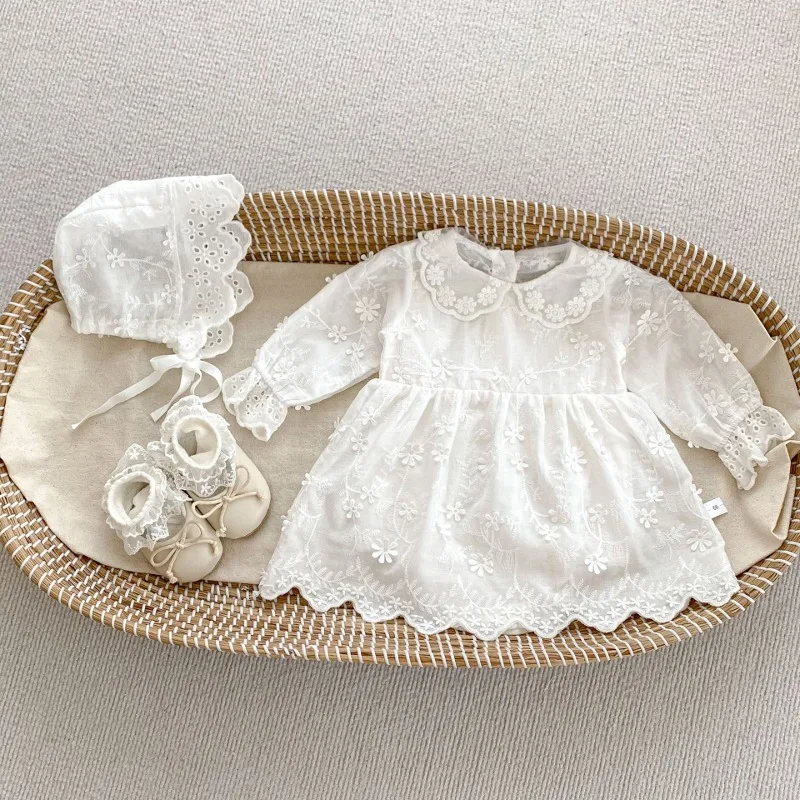 フラワー刺繍ボンネット付ワンピースロンパースセット