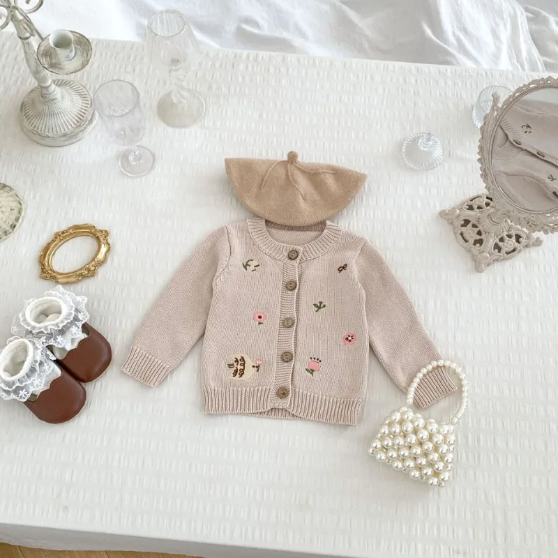 バードフラワー刺繍長袖ニットカーディガン