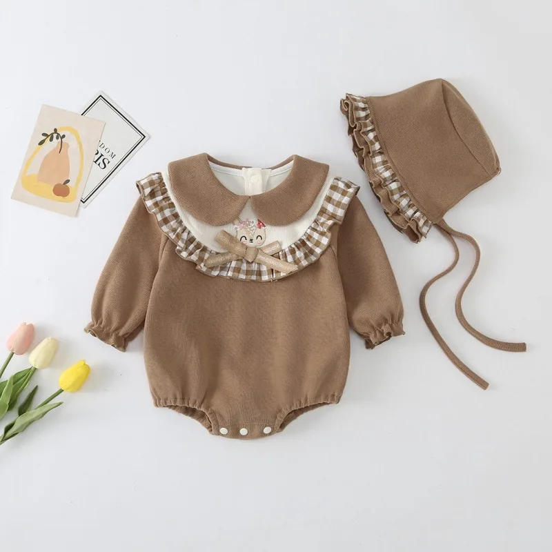 小鹿刺繍レースフリル襟ロンパース帽子セット