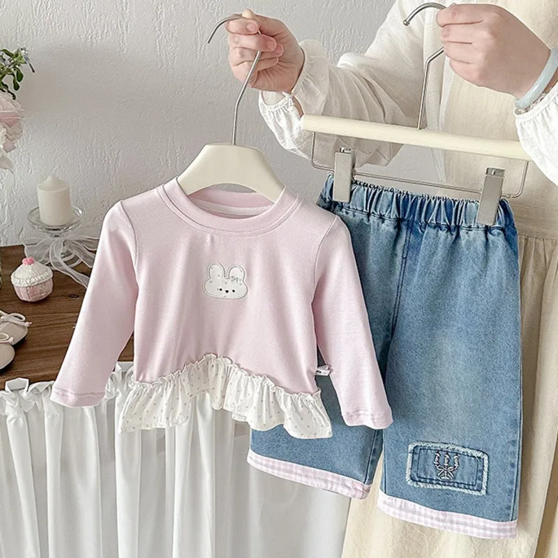 うさぎフリル長袖Tシャツデニムパンツセットアップ