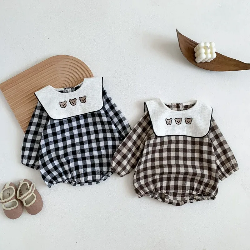 くま刺繍ビッグカラーチェック長袖ロンパース