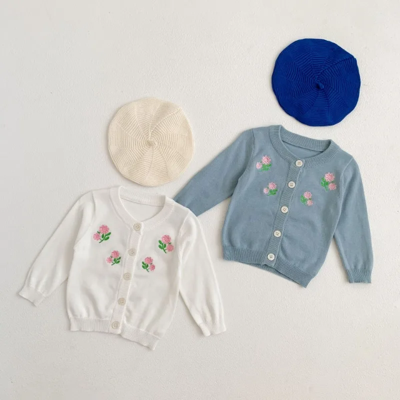 レトロフラワー刺繍長袖ニットカーディガン
