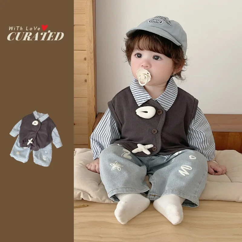 【セット】ストライプシャツベストデニムパンツ3点セット