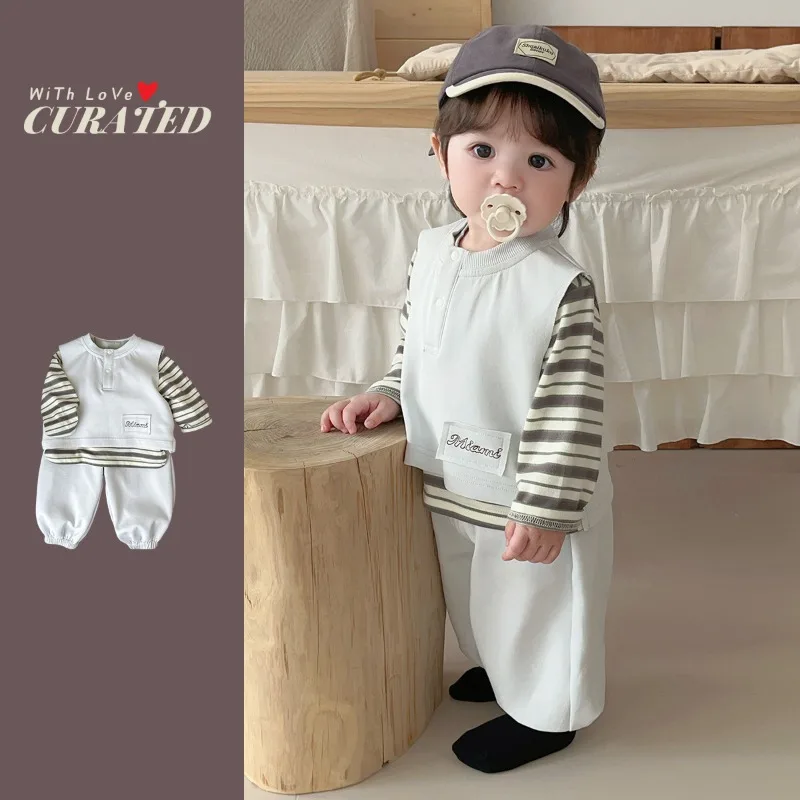 ストライプ長袖Tシャツベストパンツ3点セット