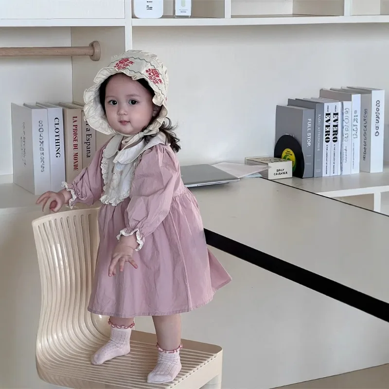 ワンちゃんプリントレース襟長袖ワンピース