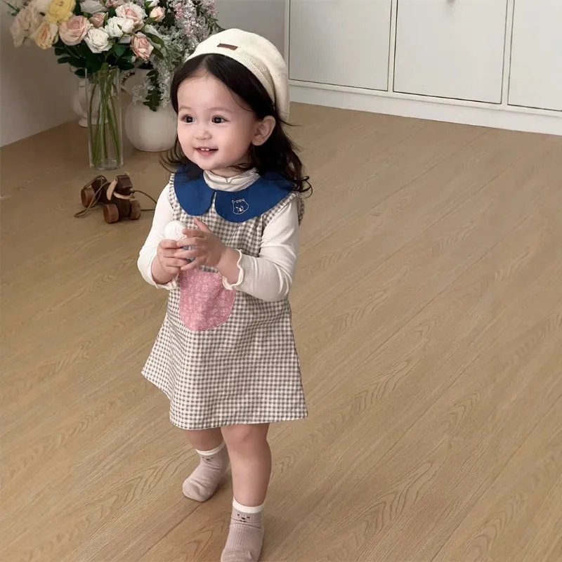 くま刺繍襟Tシャツチェックワンピースセット