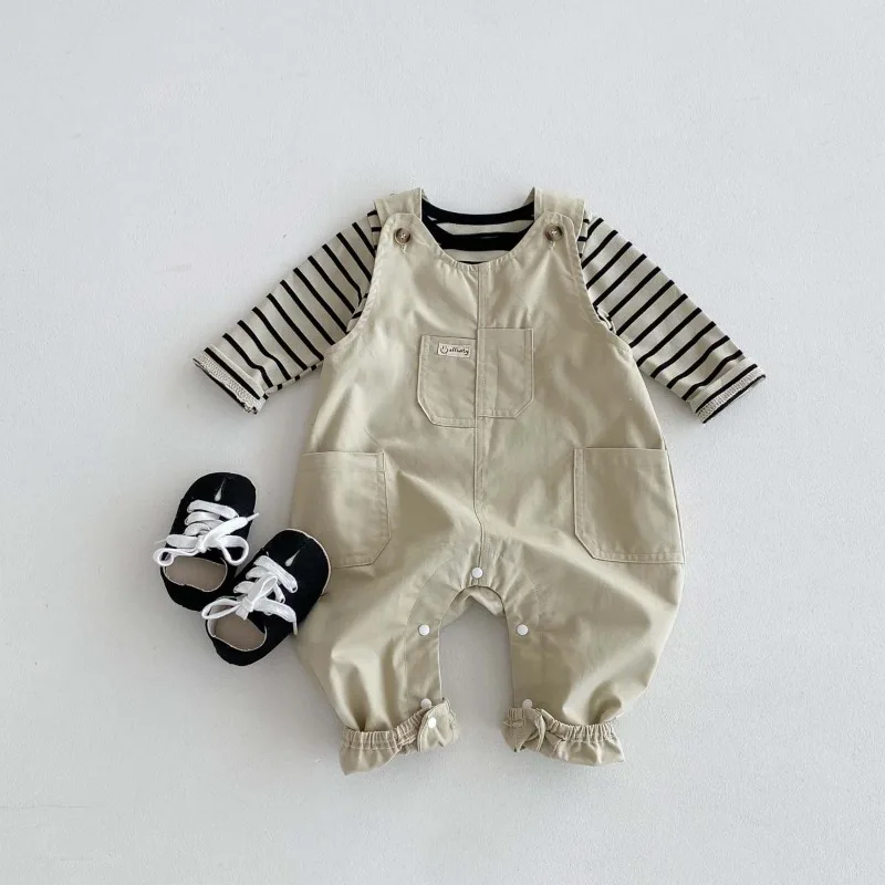 ストライプ長袖Tシャツサロペットロンパースセット