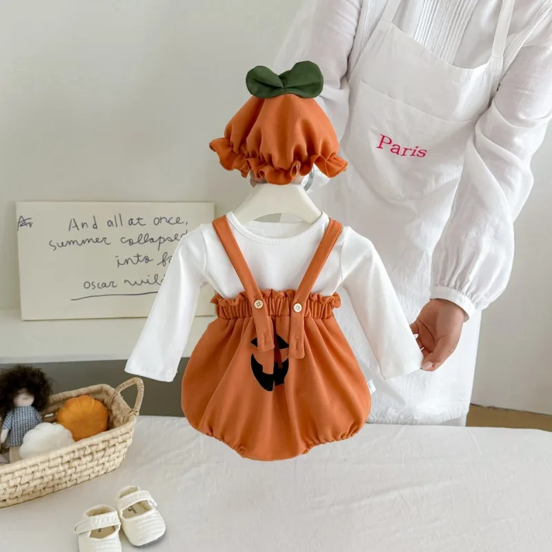 ハロウィンパンプキンTシャツサスペンダーロンパース帽子セット