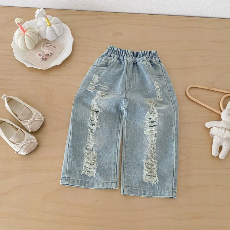 ダメージ加工ウォッシュストレートデニムパンツ