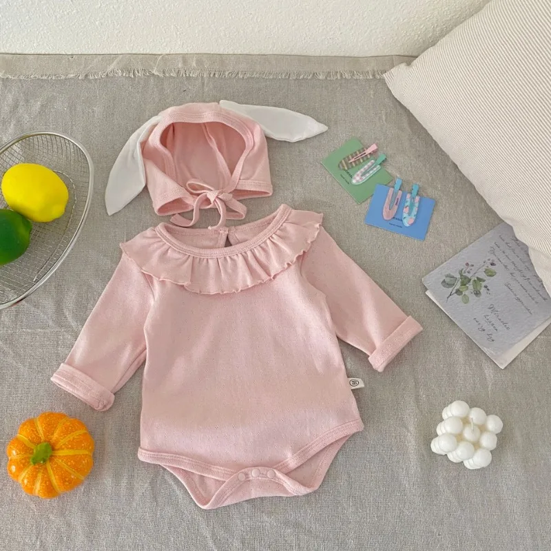 フリルカラー長袖ロンパース帽子セット