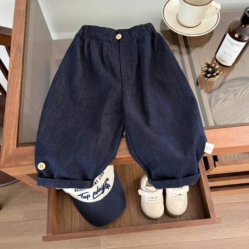 ウッドボタンレトロワイドデニムパンツ