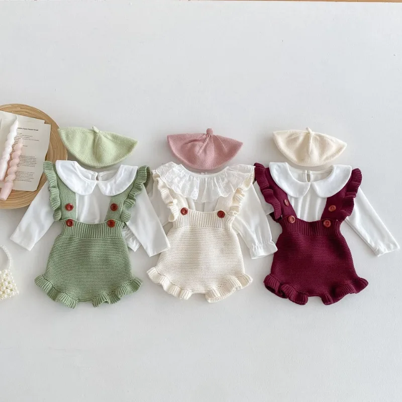ショルダーフリルニットサロペットロンパース
