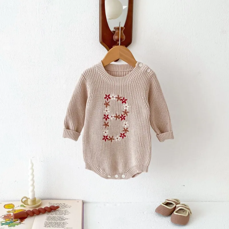 レトロフラワー刺繍長袖ニットロンパース
