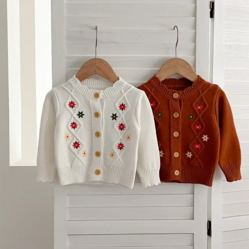 フラワー刺繍レトロ長袖ニットカーディガン
