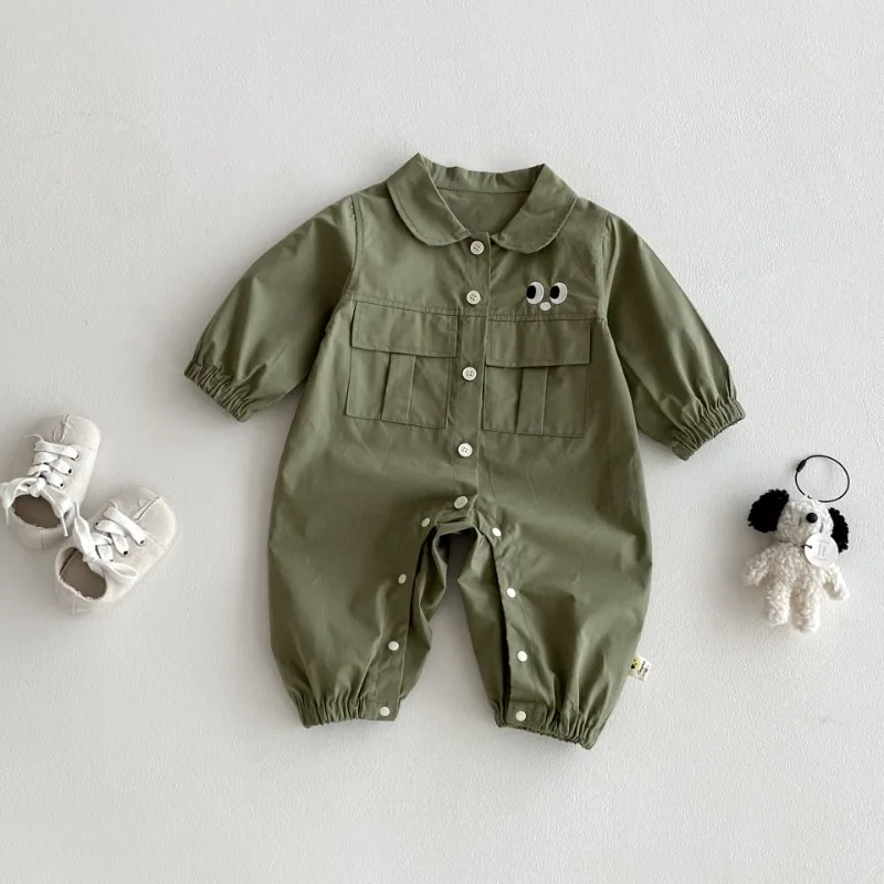 アイ刺繍ワークポケット長袖ロンパース