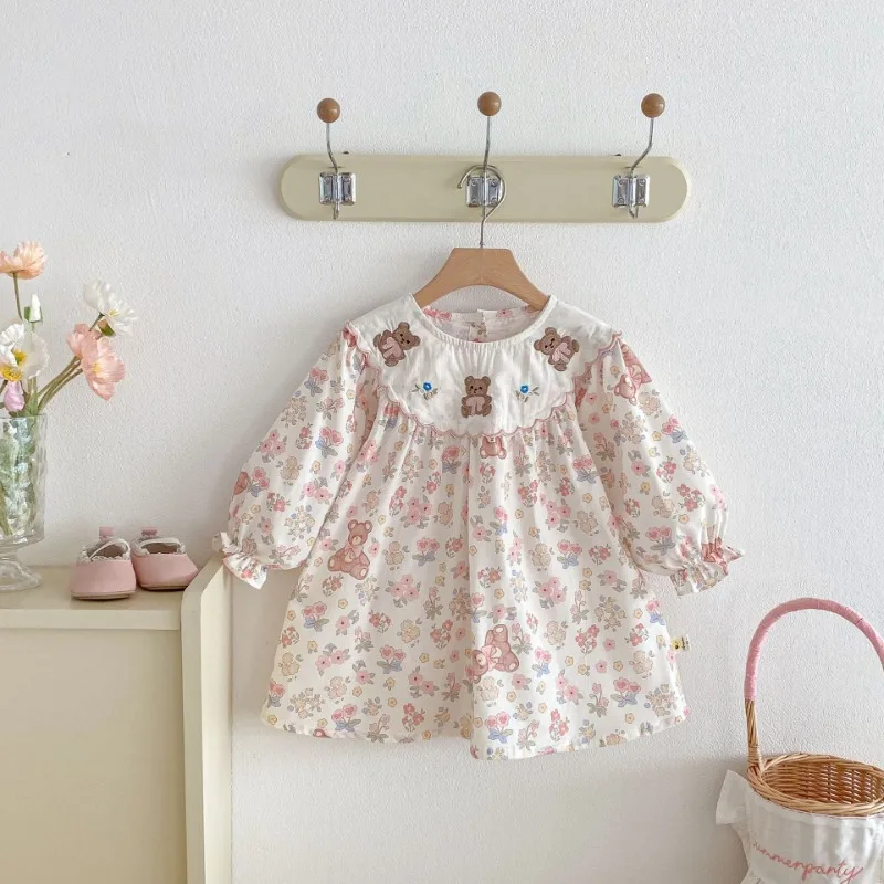 襟付き花柄くま刺繍フレア長袖ワンピース