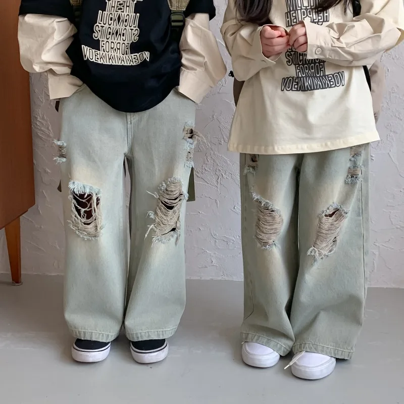ヴィンテージ加工ダメージワイドデニムパンツ