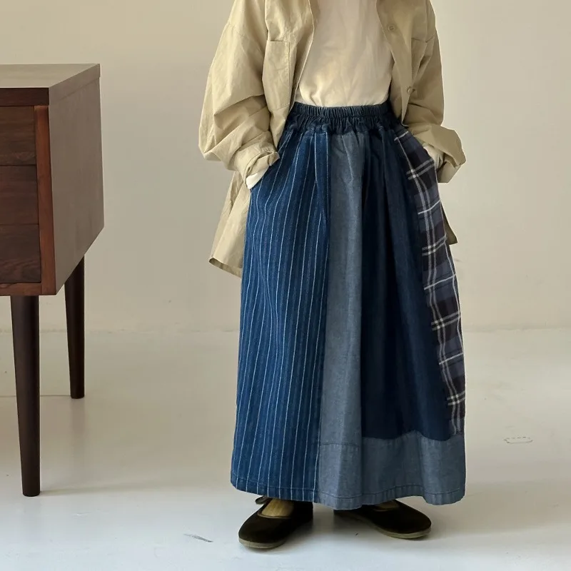 パッチワークチェックストライプデニムワイドパンツ