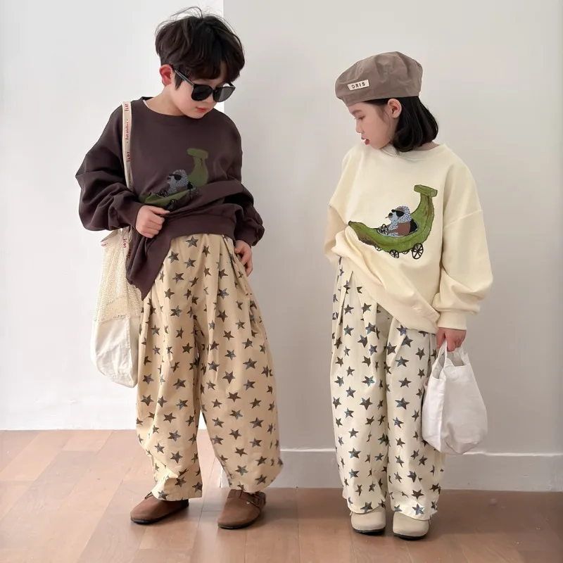 スター総柄ウエストゴムコットンロングパンツ