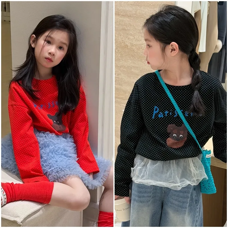 ドッグプリントドット柄クルーネック長袖Tシャツ