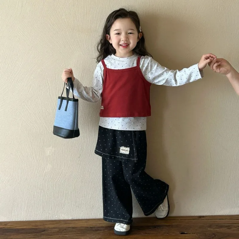 ドット長袖Tシャツビスチェデニムパンツ3点セット
