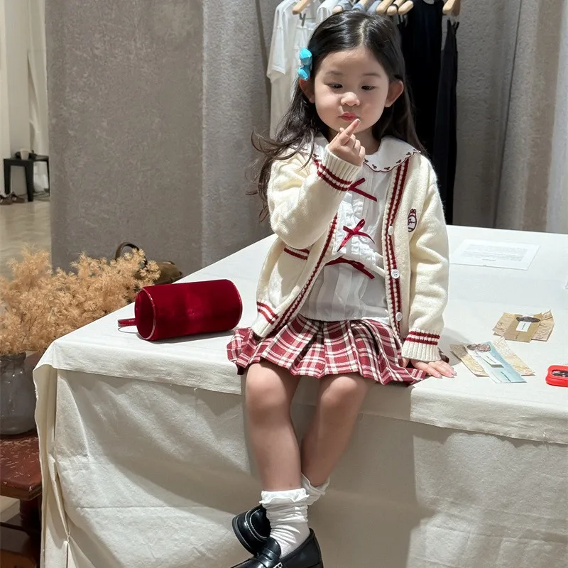 学院風カーディガンシャツチェックスカート3点セット