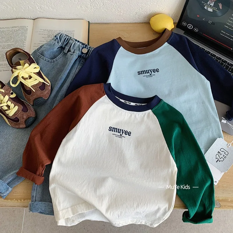 【KID】配色ラグラン英字プリント長袖Tシャツ