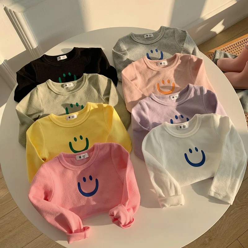 カラフルスマイルプリントシンプル長袖Tシャツ