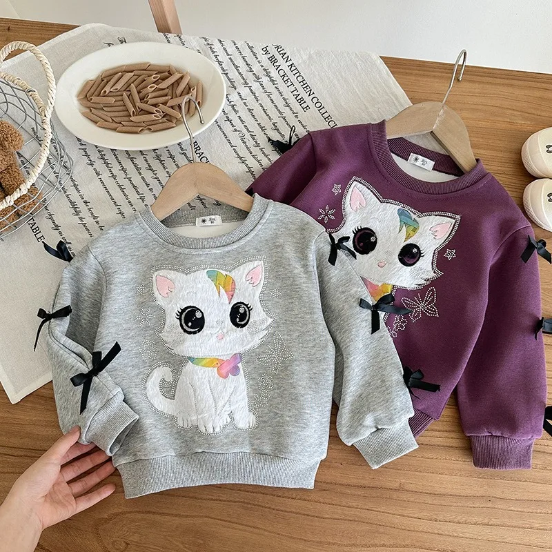レインボーねこプリントリボン袖トレーナー