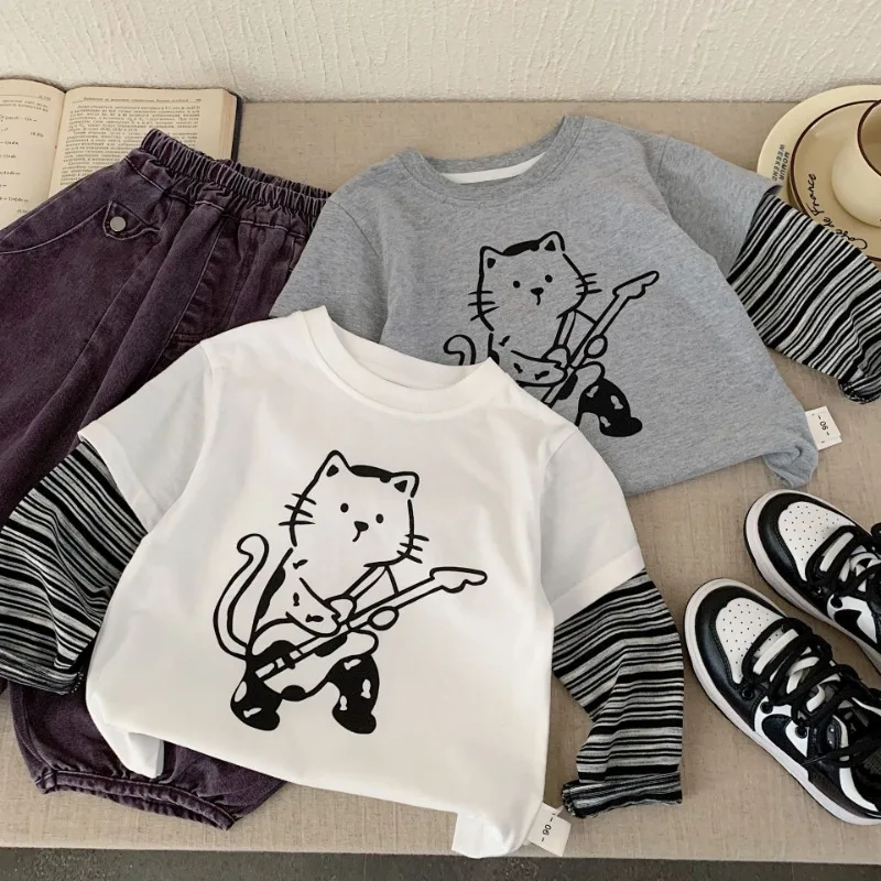 【KID】ギターねこプリントボーダーレイヤード風長袖Tシャツ