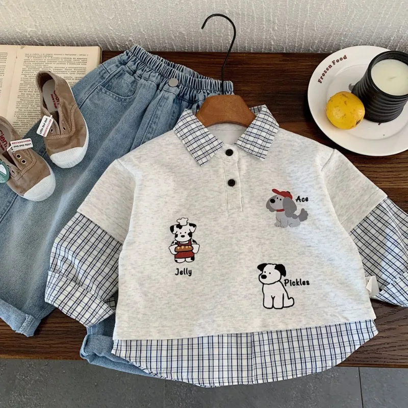 いぬプリントチェック柄シャツ重ね着風トレーナー
