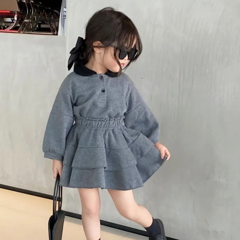 ベーシック襟付きトップスティアードスカートセット
