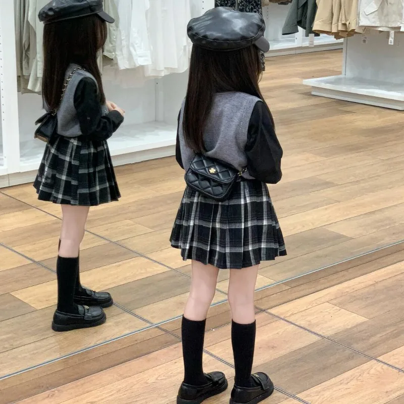 スクールルックベストシャツチェックプリーツスカートセット