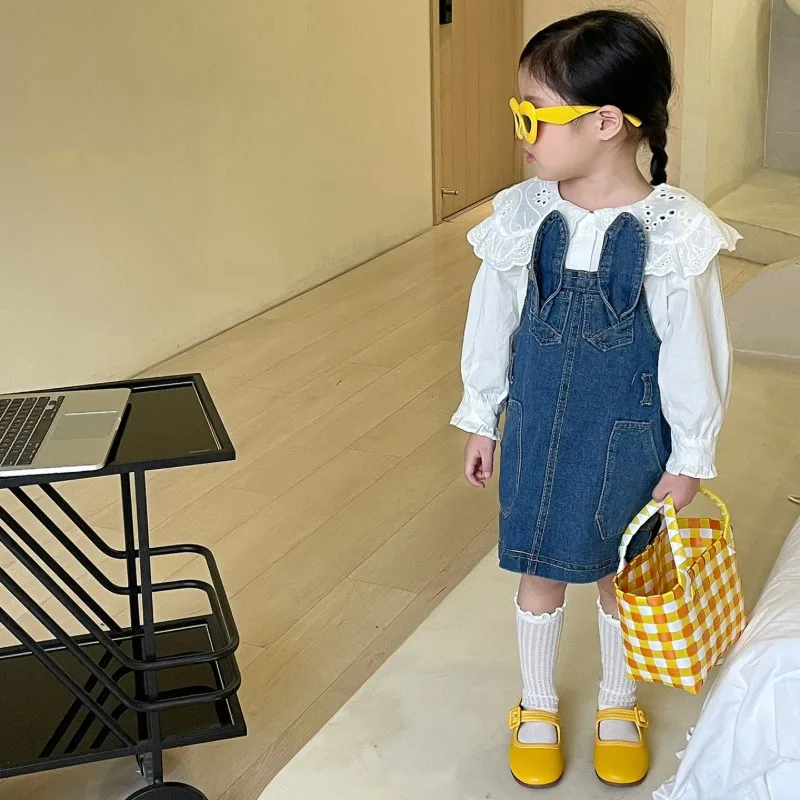 チェリーレースブラウスうさ耳デニムサロペットワンピースセット