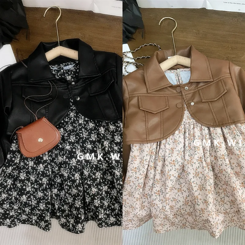 小花柄ワンピースフェイクレザージャケットセットアップ