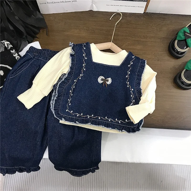 星屑刺繍デニムベスト長袖Tシャツ長パンツ3点セット