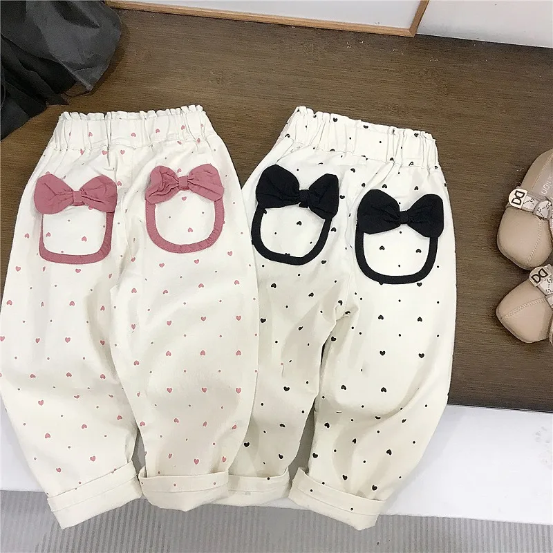 リボンポケットハート柄ウエストゴムロングパンツ