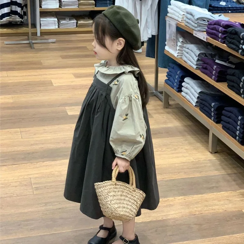 レモン刺繍フリルブラウスサロペットワンピースセット