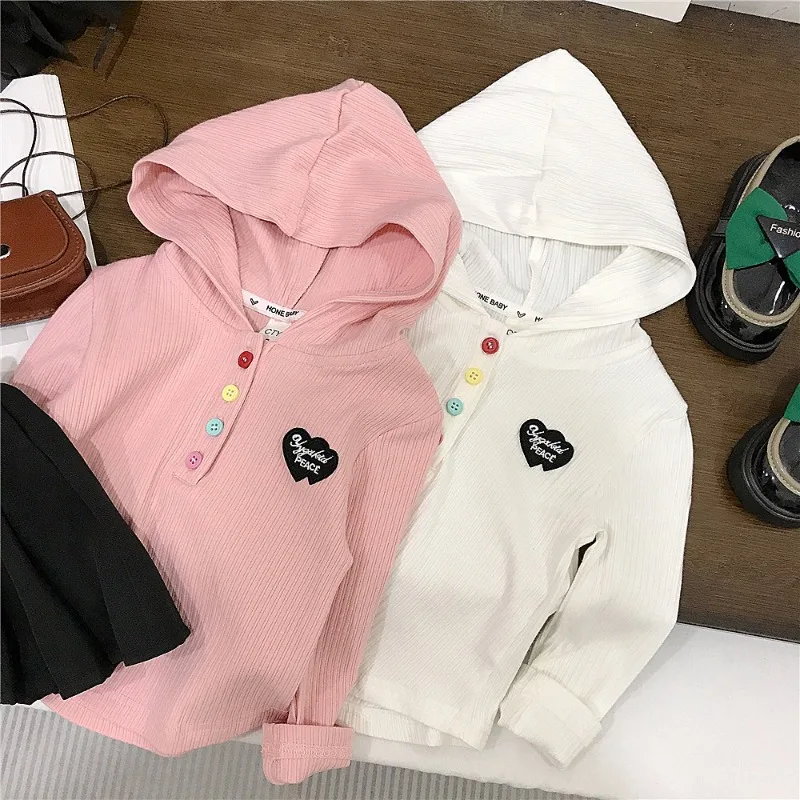 カラーボタンハートパッチフード長袖Tシャツ