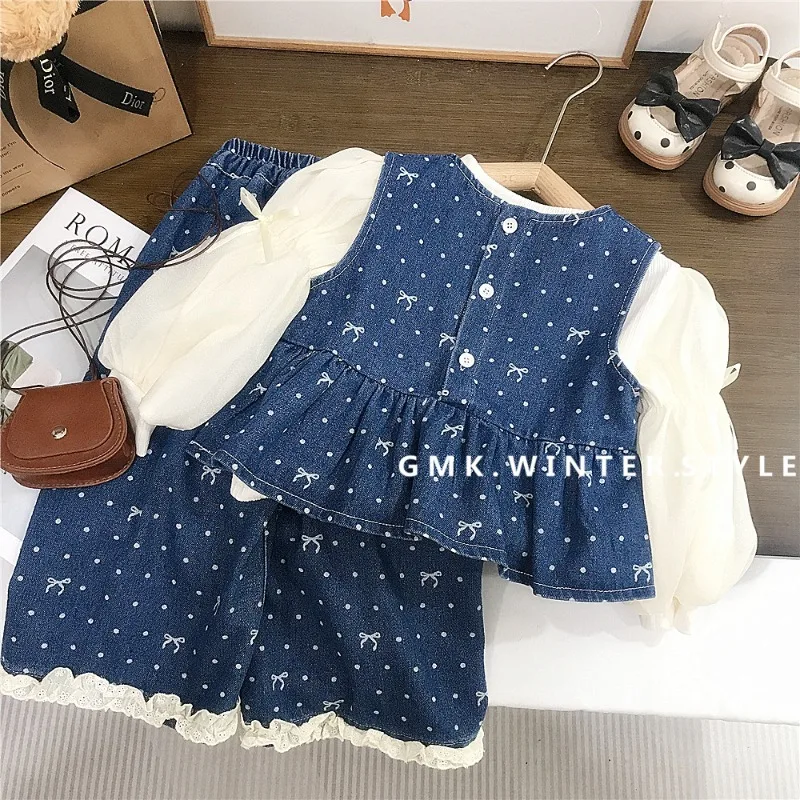 リボンデニムベスト長袖Tシャツ長パンツ3点セット