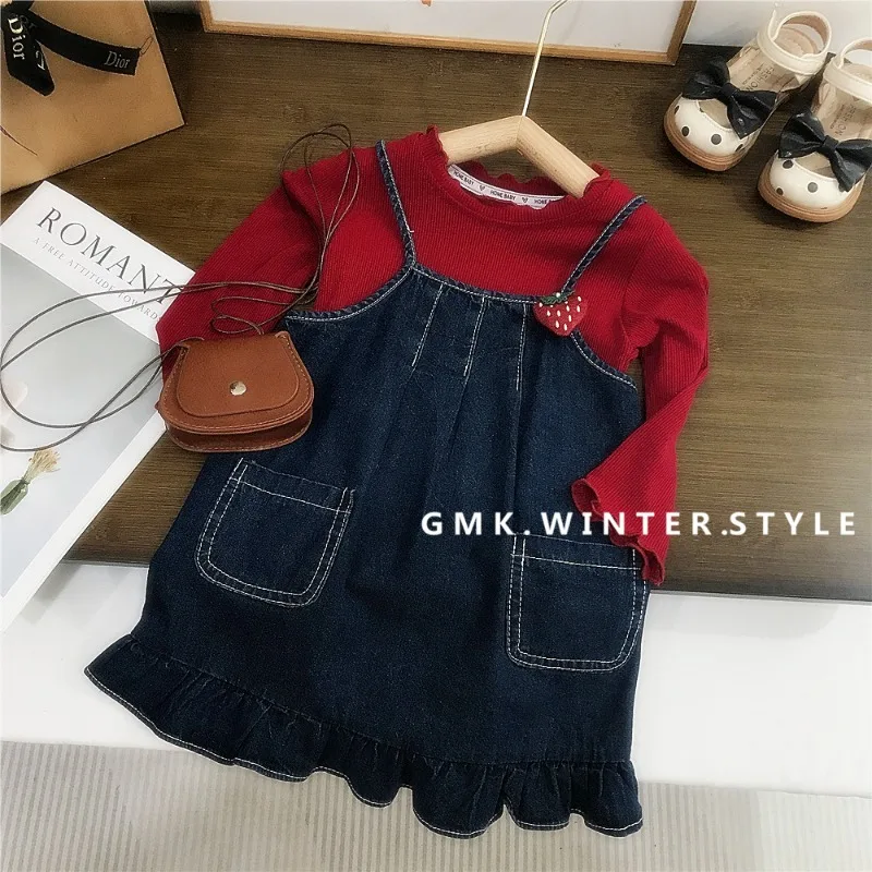 ストロベリー長袖Tシャツデニムサロペットワンピセット