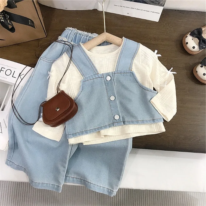 デニムベスト長袖Tシャツロングパンツ3点セット