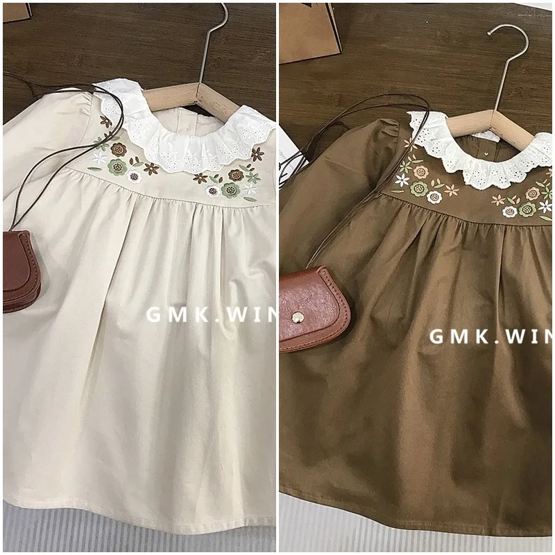 フラワー刺繍レース襟長袖ワンピース